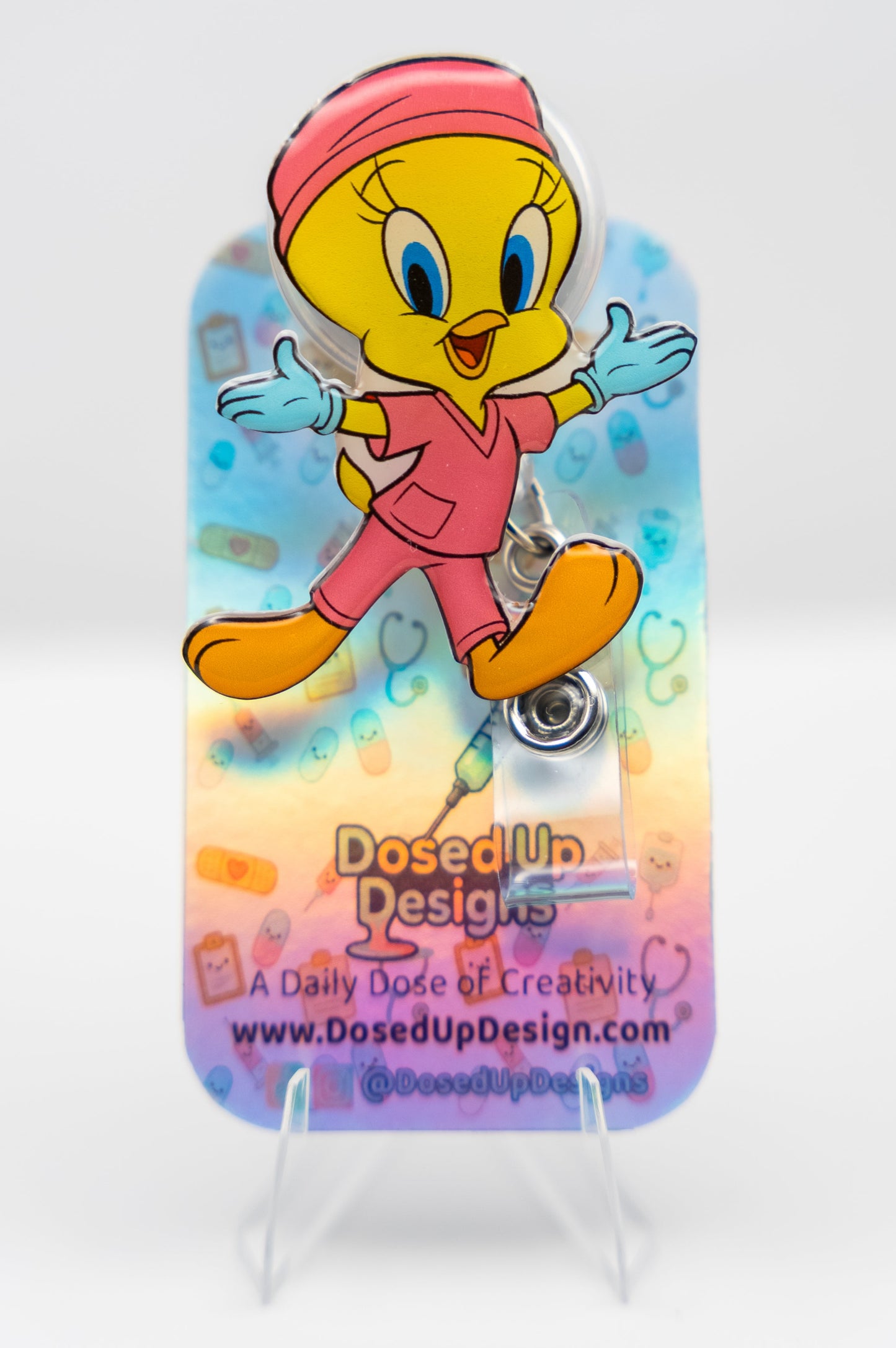 Cheerful Yellow Chick in Pink Scrubs Badge Reel
