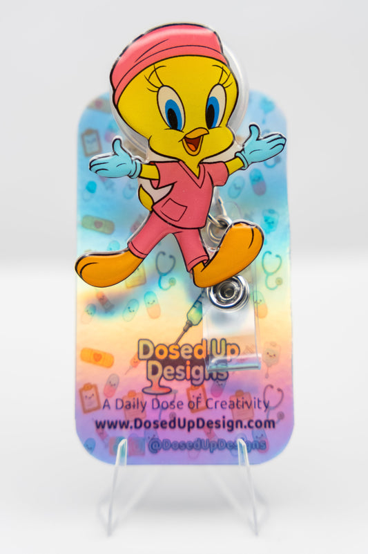 Cheerful Yellow Chick in Pink Scrubs Badge Reel