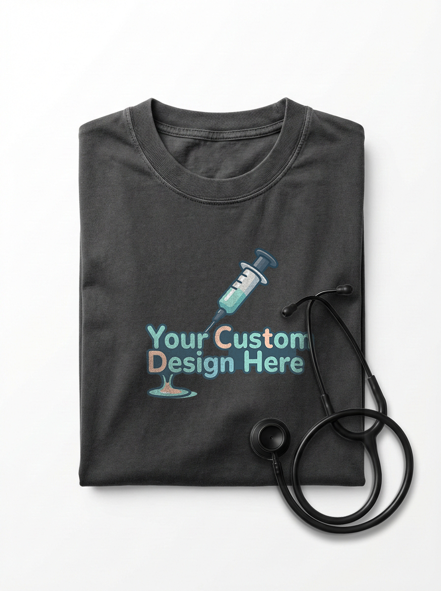 Close up of flexible commercial-grade custom printed graphic on heavyweight cotton t-shirt