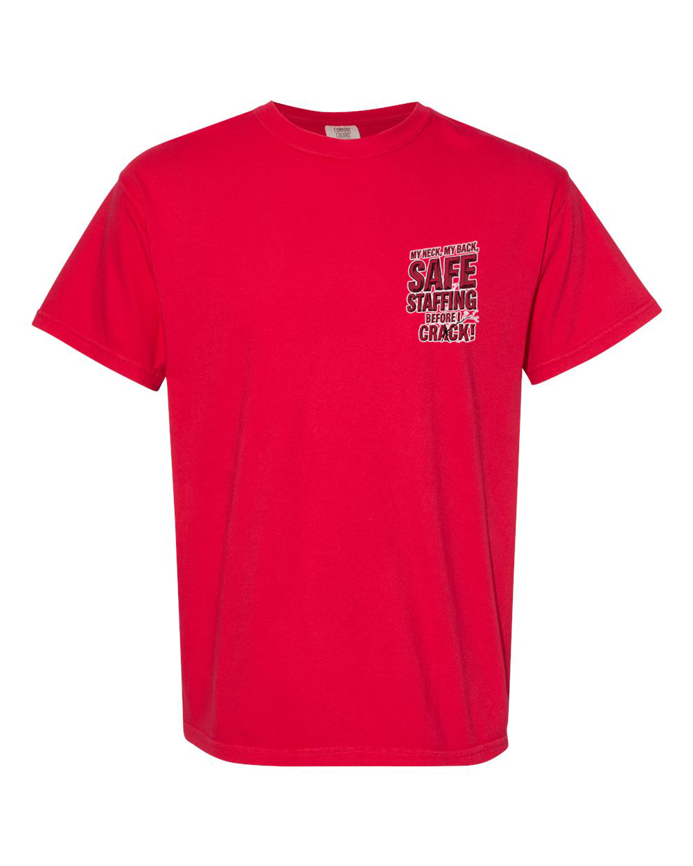 RED Comfort Colors 1717 custom graphic t-shirt with left chest design by DosedUp Designs