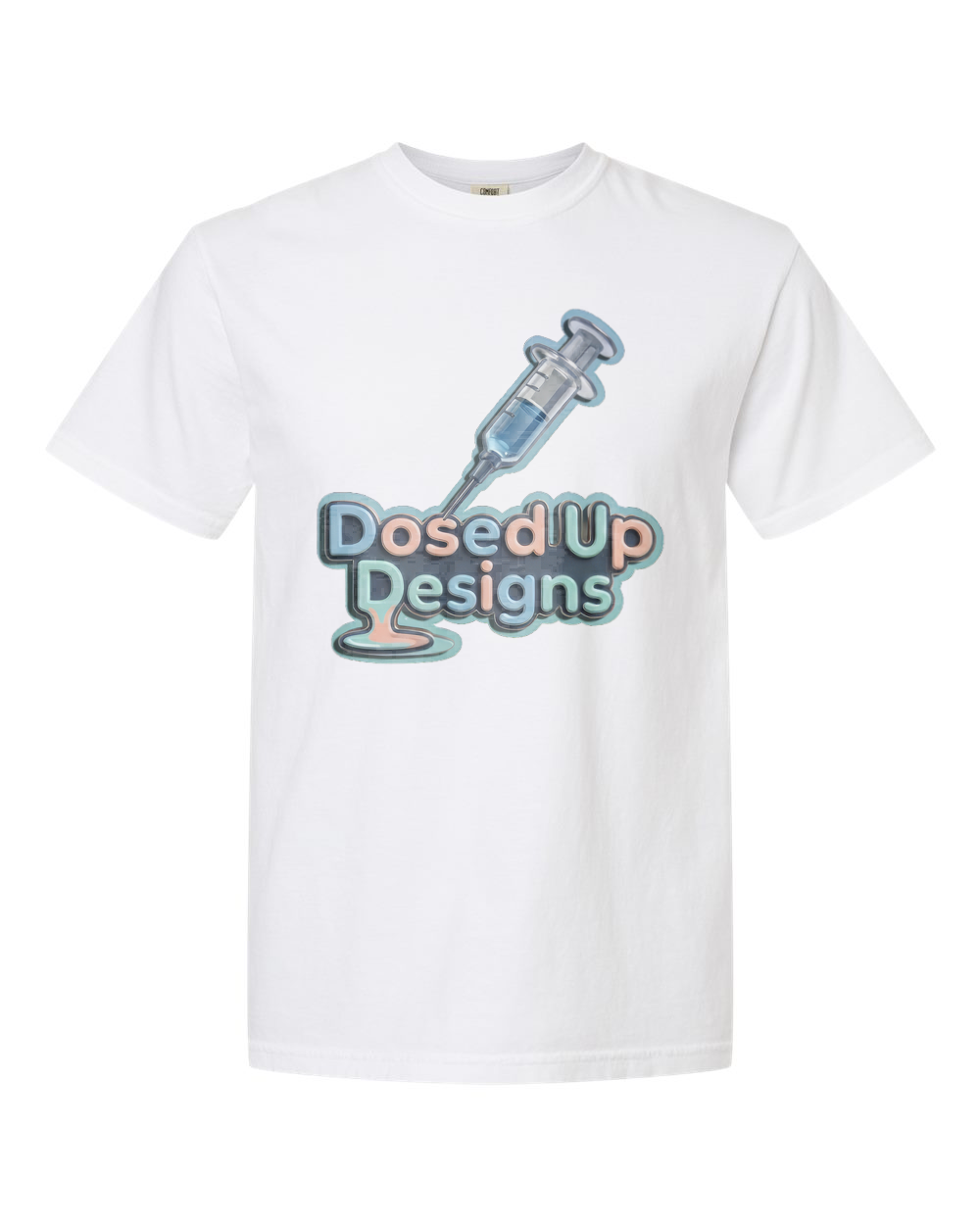 White Comfort Colors 1717 custom nurse graphic t-shirt with retro pastel syringe design by DosedUp Designs.